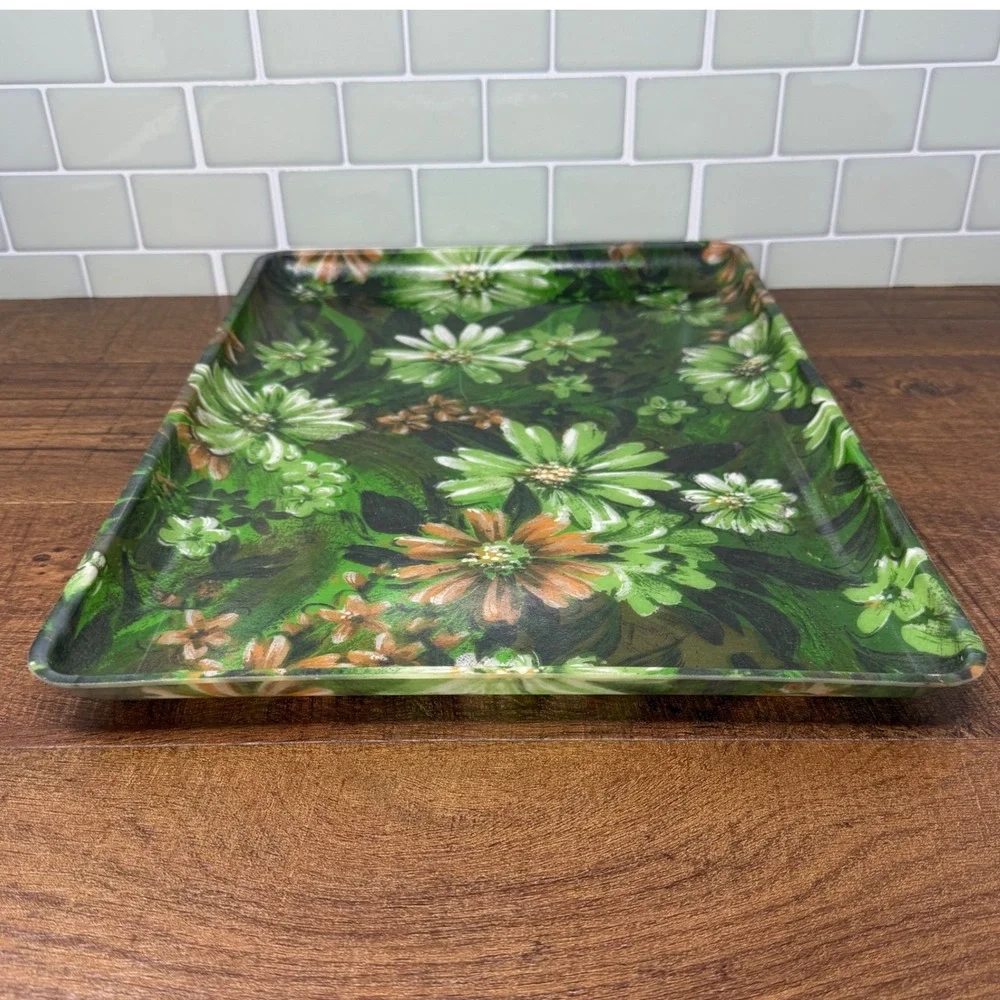 VTG 1960s MCM Fiberglass Floral Serving Tray 16x12 Green‎ Daisy Retro